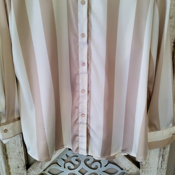 Notations Women Long Sleeve Collar Button Down Shirt Blouse Beige & Cream Stripe - Picture 3 of 5